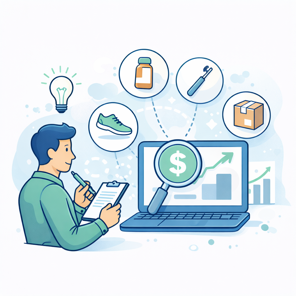 Illustration de la recherche d'une idée de produit rentable en e-commerce : analyse de marché, marge, tendances produits