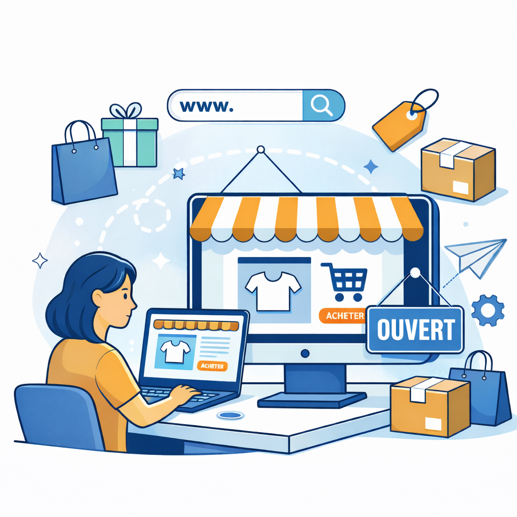 Illustration de la création d'une première boutique e-commerce : recherche en ligne, boutique ouverte, produits et livraison