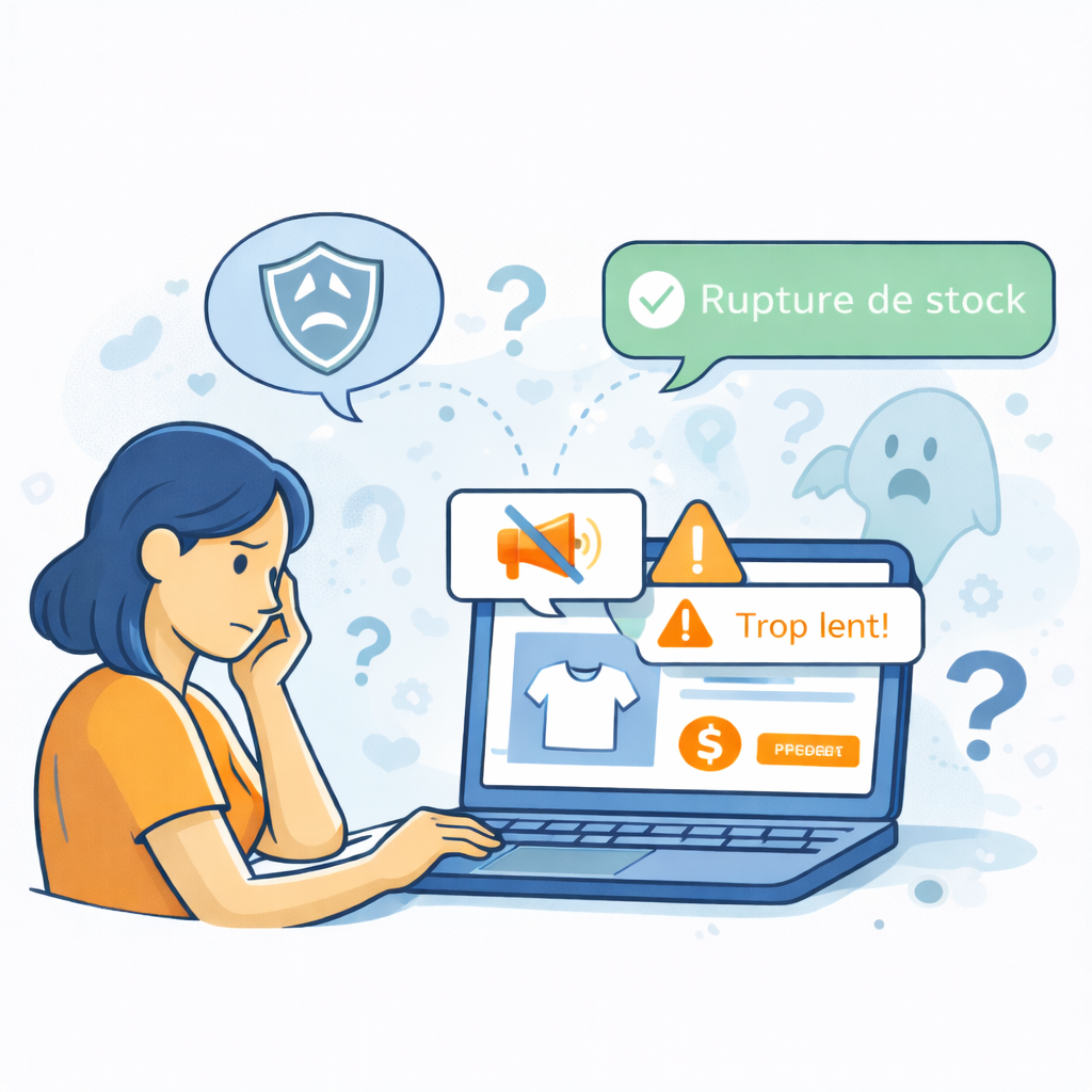 Illustration des erreurs courantes qui font fuir les clients d'une boutique en ligne : site trop lent, rupture de stock, manque de confiance