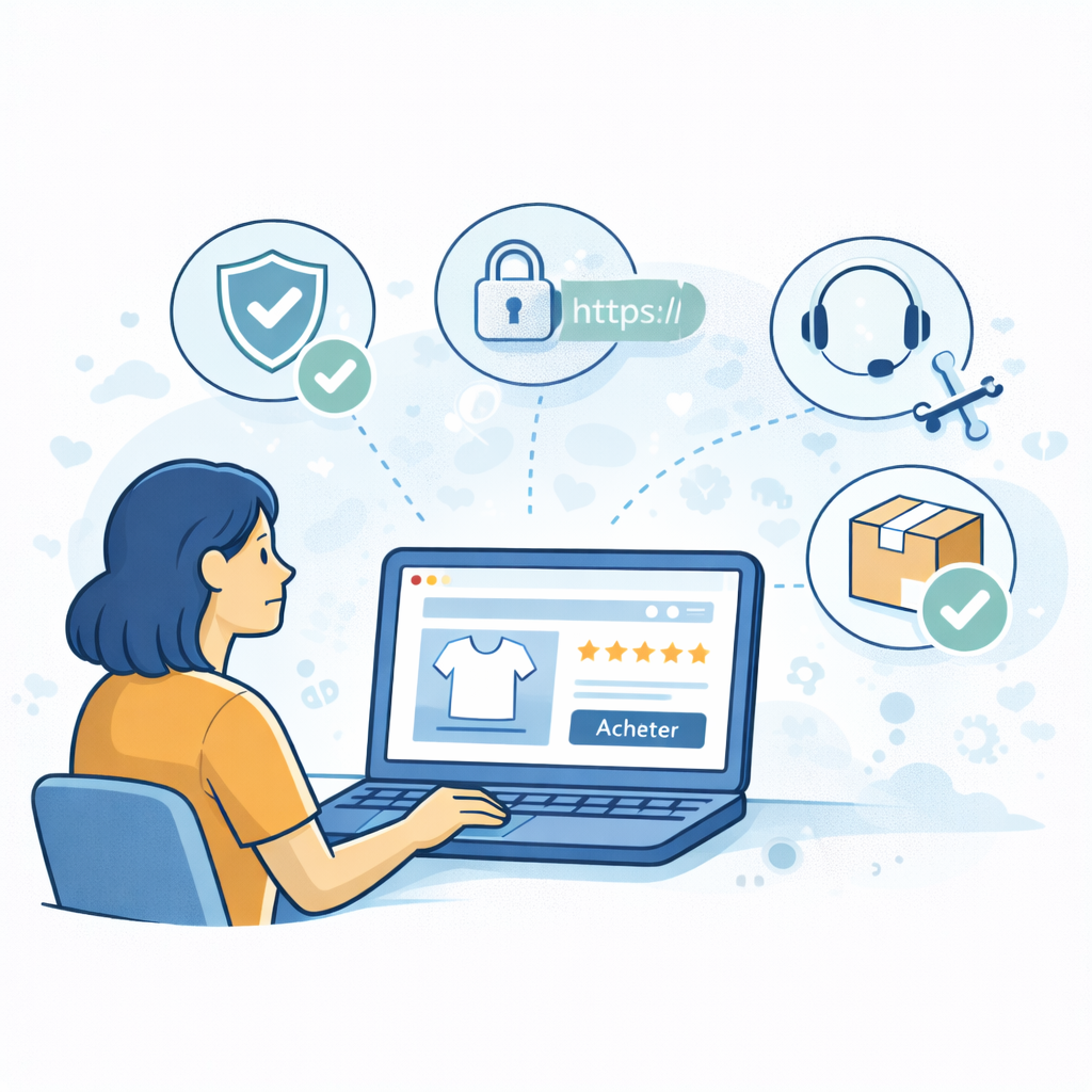 Illustration des éléments indispensables d'une boutique en ligne qui convertit : sécurité du paiement, support client, avis 5 étoiles, livraison