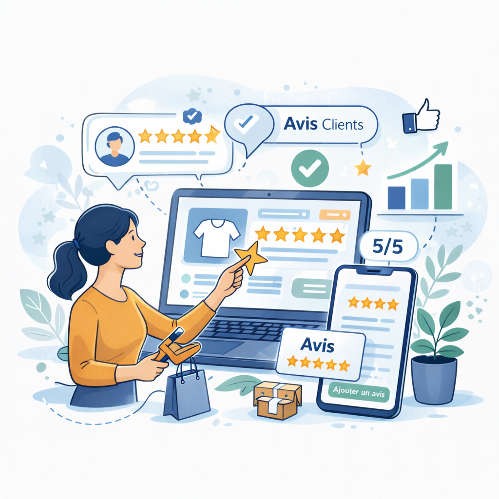 Illustration de l'importance des avis clients en e-commerce : étoiles, notes 5/5, ajout d'avis sur smartphone et ordinateur