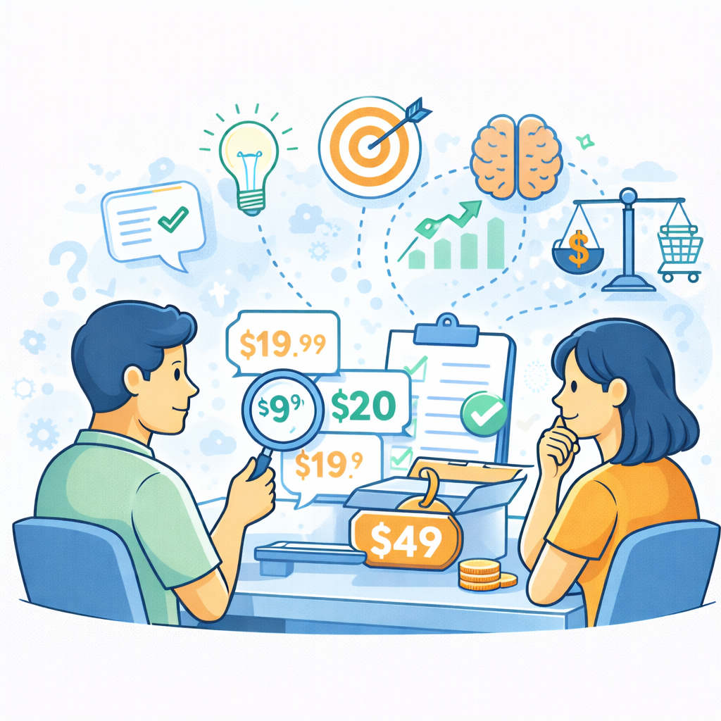Illustration de la psychologie des prix en e-commerce : comparaison de tarifs, perception de valeur, négociation entre vendeur et client