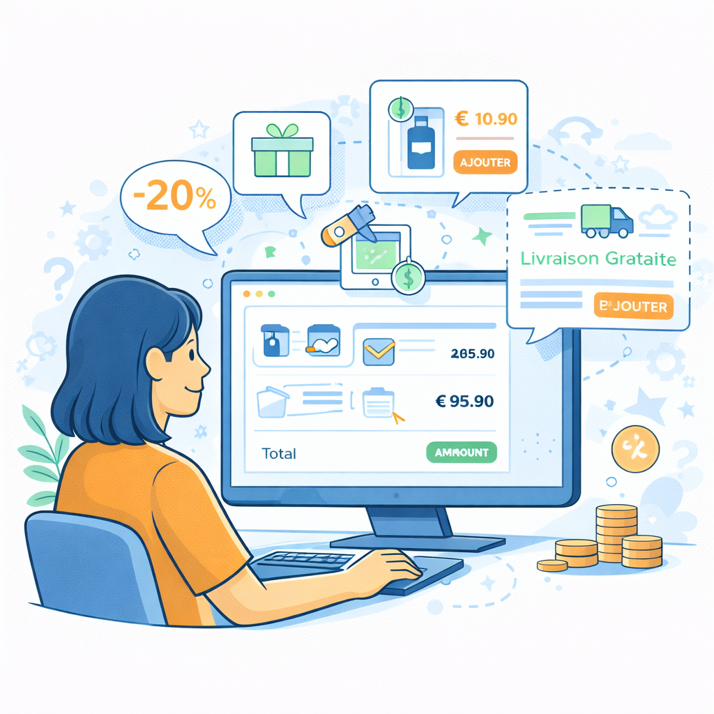 Illustration des techniques pour augmenter le panier moyen en e-commerce : offres groupées, réduction, livraison gratuite, suivi du montant total du panier