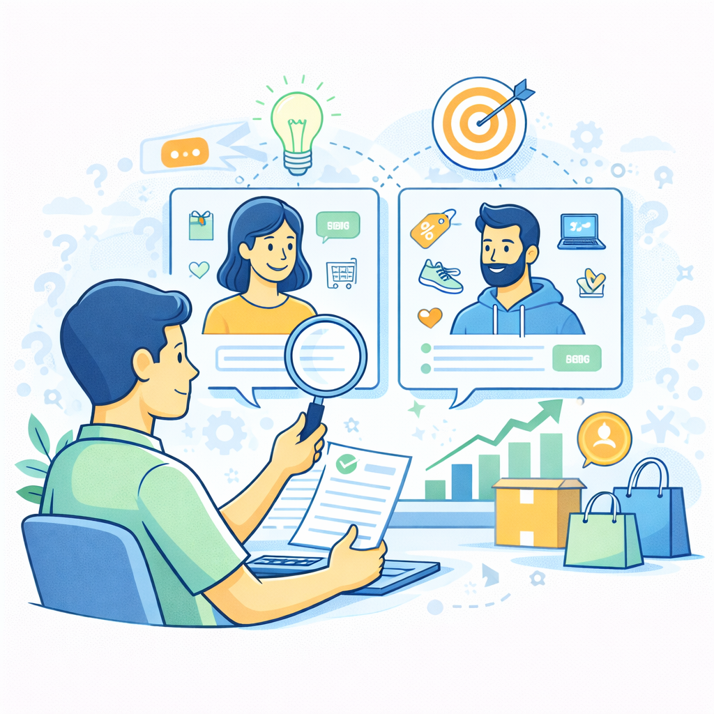 Illustration de deux profils clients différents analysés pour définir un persona en e-commerce, avec graphique de croissance des ventes
