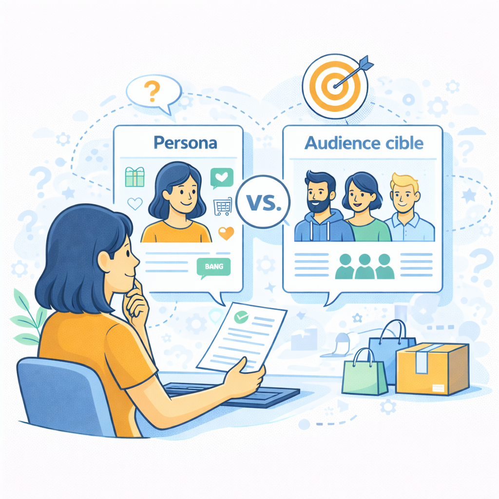 Illustration comparant persona et audience cible en e-commerce, avec une fiche persona détaillée face à un groupe d'audience générique