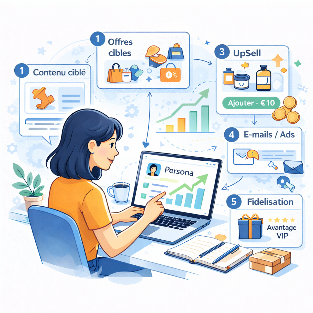 Illustration du parcours d'utilisation d'un persona en e-commerce : contenu ciblé, offres adaptées, upsell, emails et fidélisation