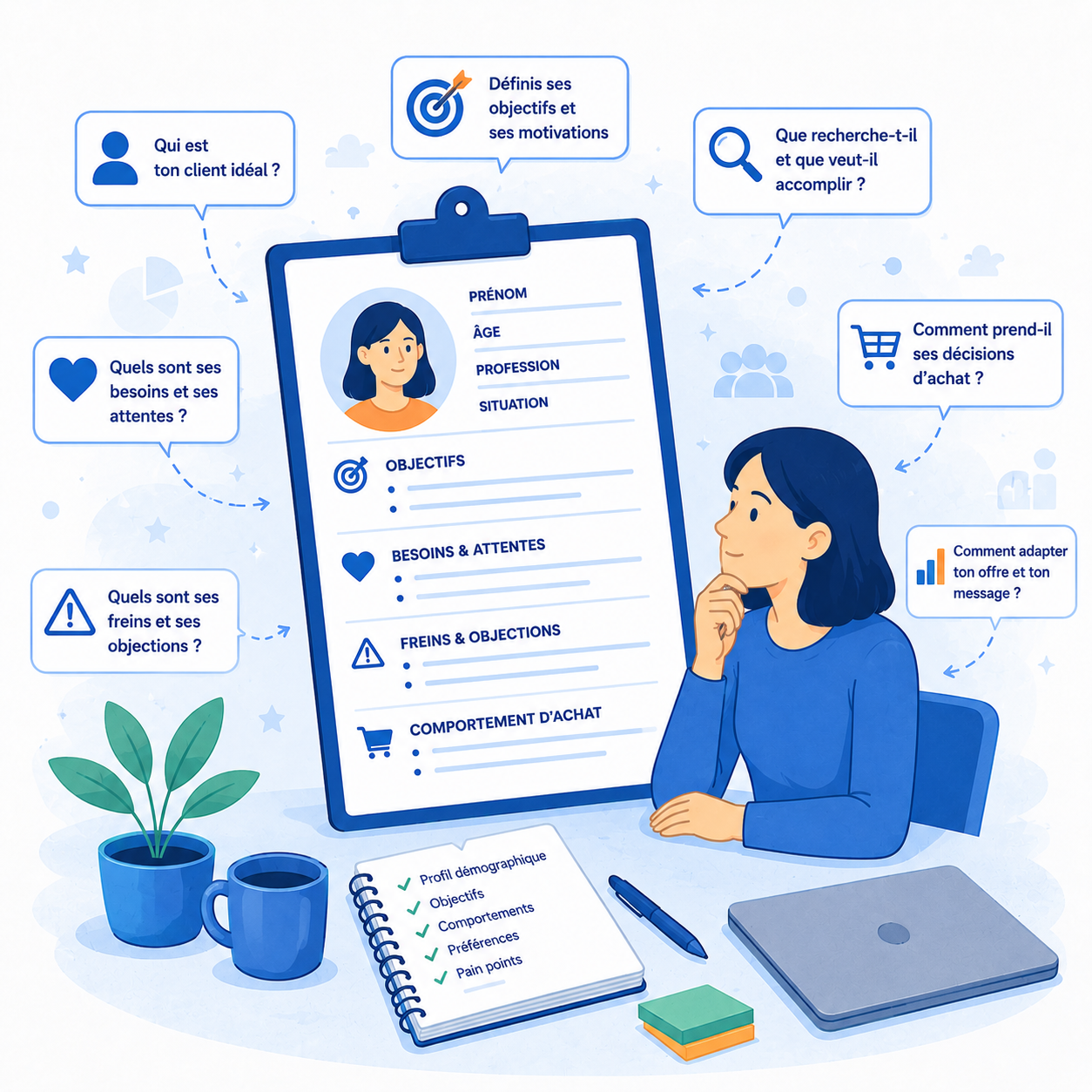 Illustration de la création d'une fiche persona en e-commerce : profil démographique, objectifs, besoins, freins et comportement d'achat